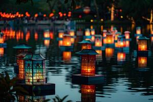 Magical Lantern Festival with Glowing Lanterns Floating on a Serene Lake at Twilight Background photo