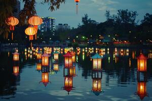 Tranquil Lantern Festival with Floating Lanterns on a Serene Lake at Dusk Background photo