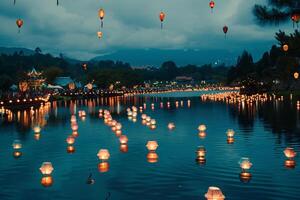 Enchanting Lantern Festival with Floating Lights on a Calm Lake Under the Stars Background photo