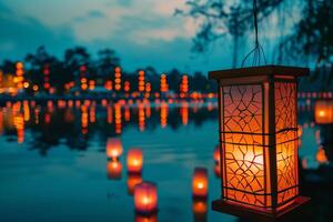 Dreamy Lantern Festival with Floating Lanterns on a Calm Lake at Night Background photo
