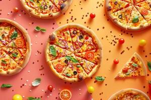 Pizza Party with a Variety of Assorted Pizzas and Festive Decor Background photo
