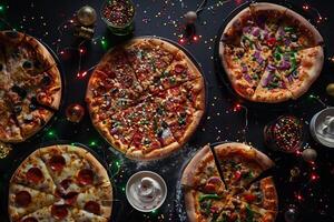 Delicious Pizza Party with a Variety of Pizzas and Tasty Toppings on a Festive Table Background photo
