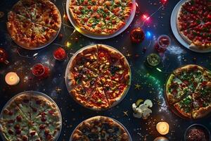 Delicious Pizza Party with a Variety of Pizzas and Tasty Toppings on a Festive Table Background photo