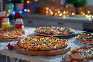 Delicious Pizza Party with a Variety of Pizzas and Tasty Toppings on a Festive Table Background photo
