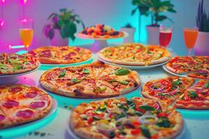 Delicious Pizza Party with a Variety of Pizzas and Tasty Toppings on a Festive Table Background photo