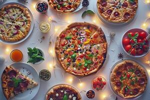 Festive Pizza Party with a Variety of Pizzas and ful Toppings on a Fun Table photo