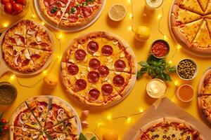 ful Pizza Party with Assorted Pizzas and Festive Toppings on a Lively Table photo
