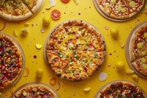 Festive Pizza Party with a Range of Assorted Pizzas on a ful Table photo