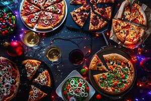 Festive Pizza Party with Various Assorted Pizzas and Delicious Toppings on a Joyful Table photo
