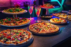 Exciting Pizza Party with Assorted Pizzas and Tasty Toppings on a Joyful Table photo