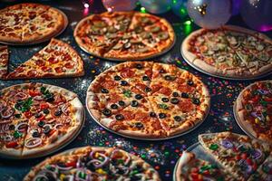 Exciting Pizza Party Featuring a Selection of Assorted Pizzas and ful Toppings on a Fun Table photo