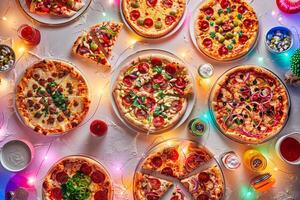 Festive Pizza Party with Various Assorted Pizzas and Delicious Toppings on a Lively Table photo