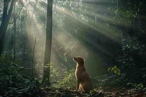 Dog Exploring a Dense Forest Path with Sunlight Streaming Through the Trees photo