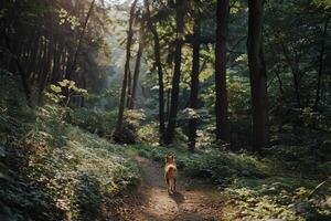 Dog Adventuring Through a Dense Forest with Sunlight Streaming Through the Trees photo