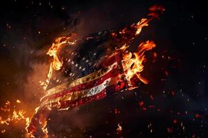 American Flag on Fire Symbolizing Turmoil and Conflict in a Powerful Visual Statement photo