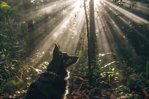 Dog Adventuring Through a Sunlit Forest Path with Dense Tree Canopy photo