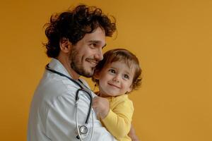 Pediatrician with Stethoscope and Smiling Child photo