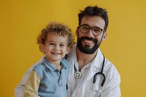 Cheerful Pediatrician and Smiling Child with Stethoscope Background photo