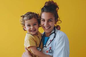 Pediatrician with Stethoscope and Smiling Child in Exam Room Background photo