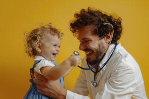 Pediatrician and Child with Stethoscope in Cheerful Clinic Background photo