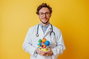 Pediatrician with Stethoscope and Toys in Medical  Background photo