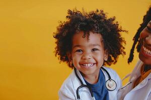 Pediatrician with Smiling Child and Stethoscope in Clinic Background photo
