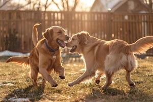 Two Dogs Having Fun in a Fenced Backyard with Playful Interaction Background photo
