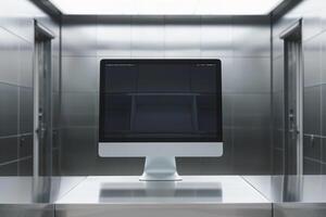 Computer Monitor Mockup on Metallic  Surface for High End Tech Presentation photo