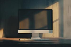 Computer Monitor Mockup on Brushed Metal Background for  Design Presentation photo
