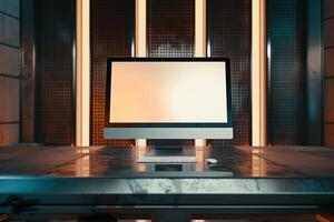 Computer Monitor Mockup Screen on Brushed Metal Surface for High Tech Visuals photo