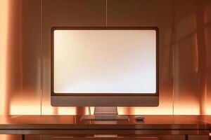 Computer Monitor Mockup on Metallic Bronze Background for  Tech Presentation photo