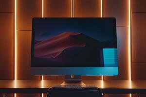 Computer Monitor Mockup on Metallic Bronze Surface for High End Tech Visuals photo