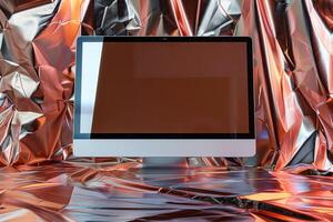 Computer Monitor Mockup Screen on Metallic Copper Background for Innovative Tech Design photo
