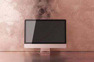 Computer Monitor Mockup Screen on Metallic Bronze Background for Stylish Tech Presentation photo