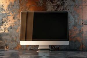 Computer Monitor Mockup Screen on Metallic Bronze Background for High End Tech Presentation photo