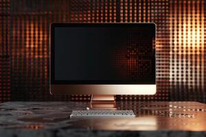 Computer Monitor Mockup Screen on Metallic Bronze Background for  Tech Display Design photo