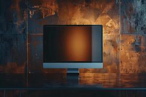 Computer Monitor Mockup Screen on Metallic Bronze Background for Sophisticated Tech Visuals photo