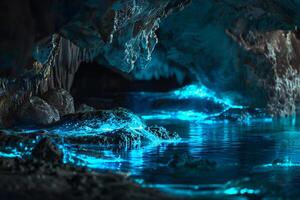 Bioluminescent Algae Glowing in  Cave Pool Creating a Surreal Underwater Landscape photo