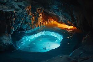 Bioluminescent Algae Lighting Up  Cave Pool for a Stunning Underwater photo