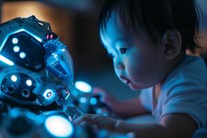 Baby Exploring Advanced Futuristic Gadgets in a  Tech photo