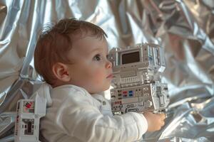 Baby with Futuristic Toys Against Metallic  Background for a  Tech Look photo