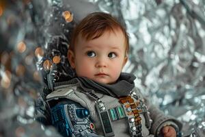 Baby enjoying advanced futuristic toys with a  metallic  background photo