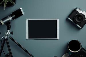 tablet screen mockup in  with a futuristic lamp and tech background photo