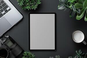 tablet screen mockup with a futuristic design and cutting edge tech background photo