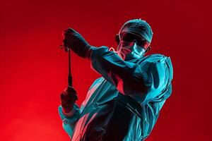 Surgeon in dynamic action pose ing on surgical tasks with a high level of precision in a clinical photo