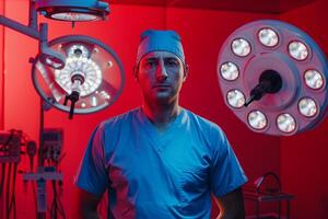 Surgeon in action pose highlighting precision and skill during a complex surgical procedure in a clinical background photo
