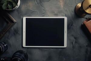 Tablet screen mockup featuring a  futuristic lamp and  tech background photo