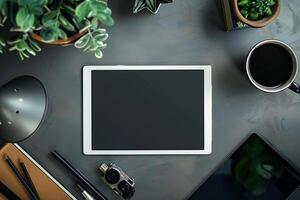 Tablet mockup with  screen showing futuristic lamp and  background photo