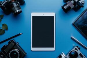 tablet mockup with a  tech design and a  background photo