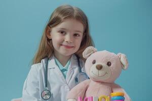 Caring Pediatrician with  Smile and Toys Light Background photo
